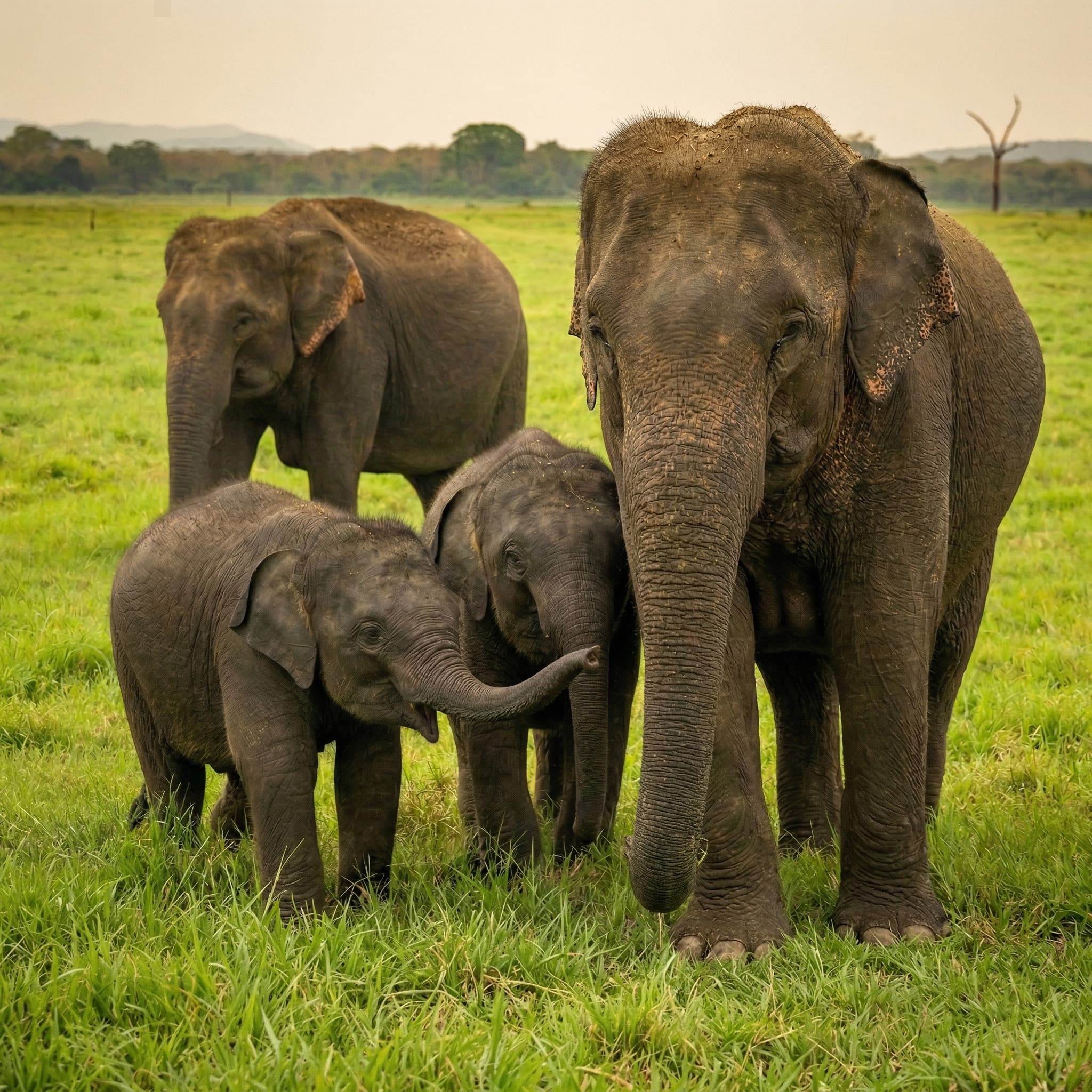 Elephant herd crossing open plains in Udawalawa
